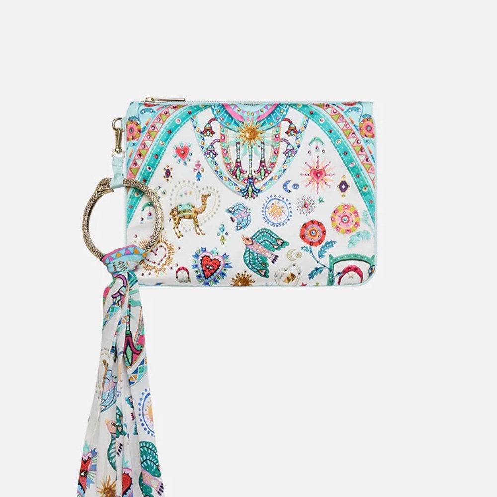 CAMILLA โLiving in Colourโ white blue silk crystals ring scarf clutch bag
